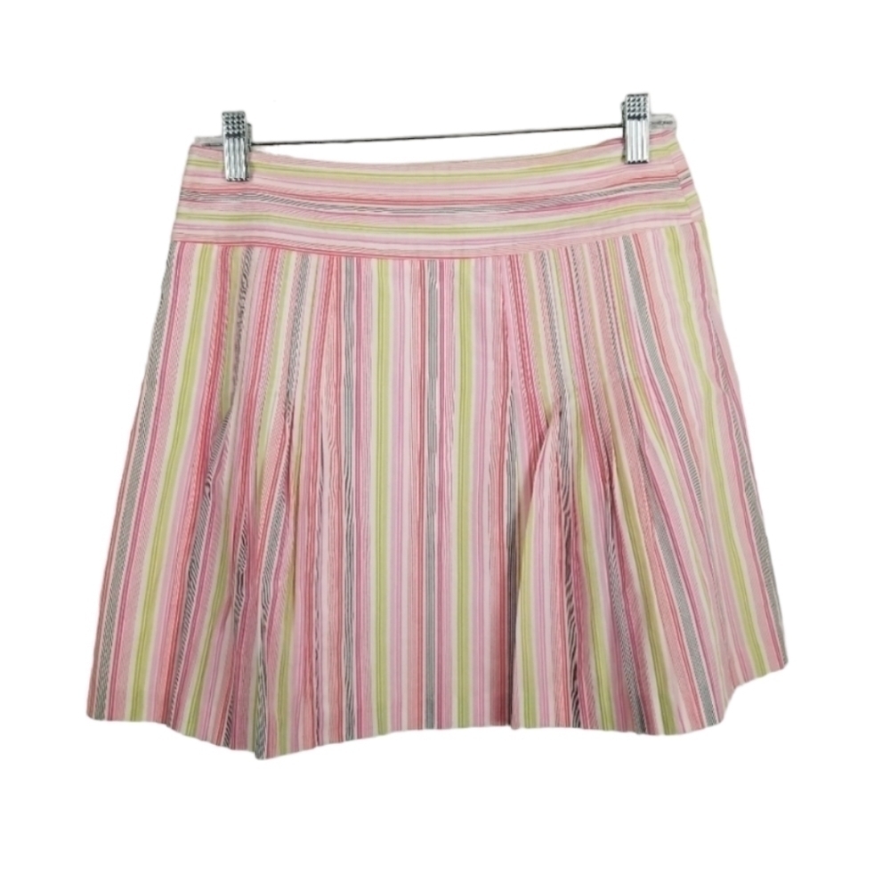 J Crew Pleated Skirt Multicolor Stripes Pink Green White Cotton Coquette Preppy